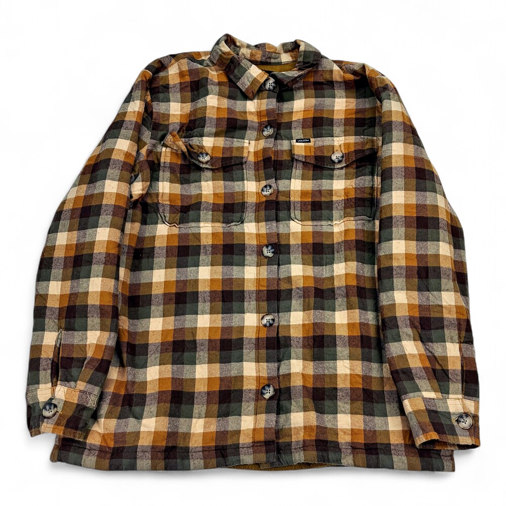 Volcom Men's Plaid Flannel Shacket Jacket Medium Brown/Olive